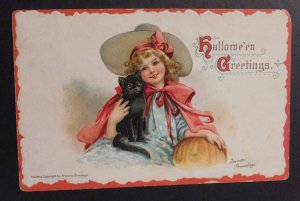 1912 Halloween Greetings Witch Black Cat Girl Cynwyd PA Local Use