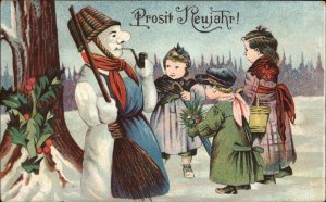 Christmas New Year Children Snowman Basket Hat Pipe Broom c1910 Postcard