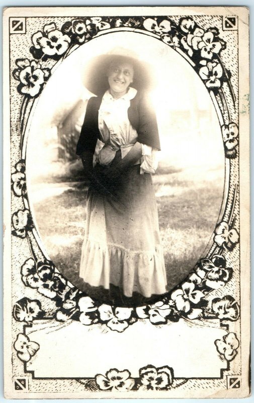 c1900s Cute Smiling Woman RPPC Fancy Border Real Photo Antique Postcard B&W A1 