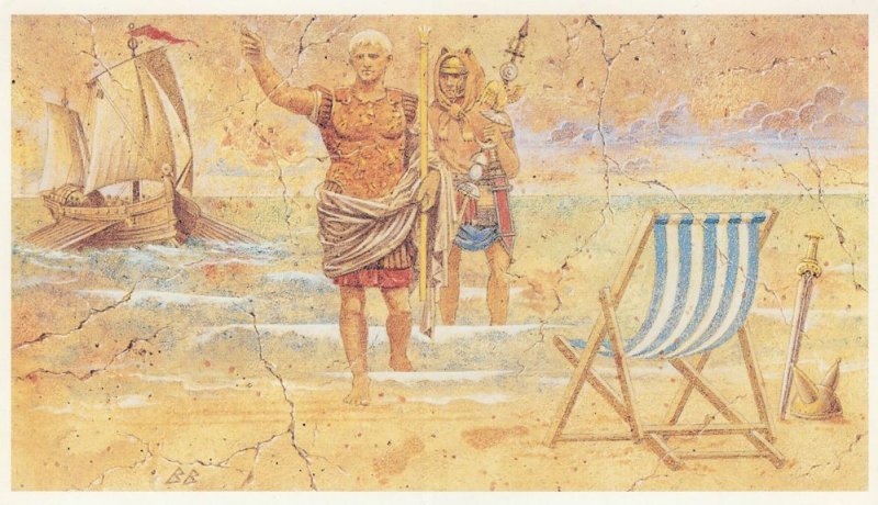 Julius Caesar Roman Landing & Pizza Arrival Comic Postcard