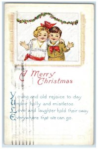 1918 Christmas Children Holly Berries Embossed Glastonbury CT Antique Postcard