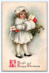 1925 Christmas Girl Handwarmer Gift Clapsaddle Wolf New York NY Postcard