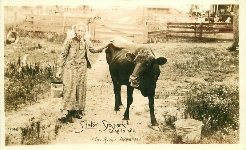 Going to Milk Pine Ridge Arkansas Sister Simpson RPPC Photo Postcard 20-348