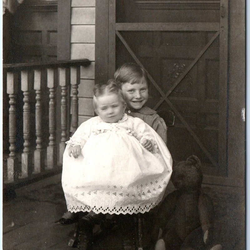 c1910s Heartwarming Brother & Baby Sister RPPC Sibling Boy Girl Real Photo A143