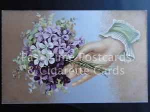 c1907 Greetings: Gold & Silver PC with Hand Holding a Bunch of Pansy Flowers 