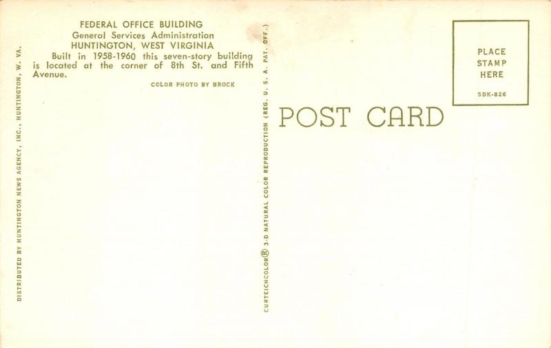 Huntington West Virginia c1960 Postcard Federal Office Building General Services