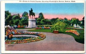 Scene in Public Garden Showing Washington Statue - Boston, Massachusetts