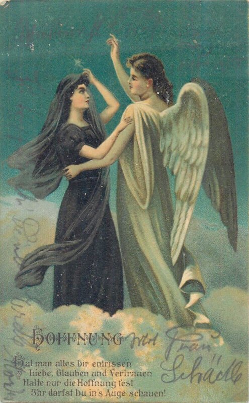 Embossed drawn angel fantasy faithful woman hope vintage postcard Germany 