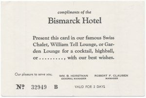 1966 Swiss Chalet Bismarck Chicago Illinois Free Drink Card