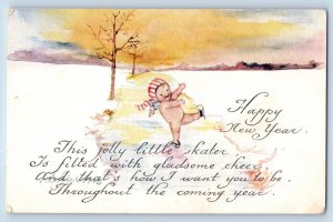 New Year Postcard Little Boy Roller Skating Winter Scene 1920 Posted Antique