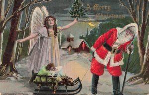 RED SUIT SANTA-SLED OF TOYS-WINGED ANGEL-MOONLIGHT VIEW~MERRY CHRISTMAS POSTCARD