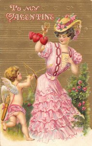 H95/ Valentine's Day Love Holiday Postcard c1910 Cupid Woman Dress 139