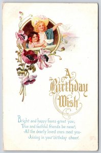 1916 A Birthday Wish Bright And Happy Faces Two Little Girls Greetings Postcard