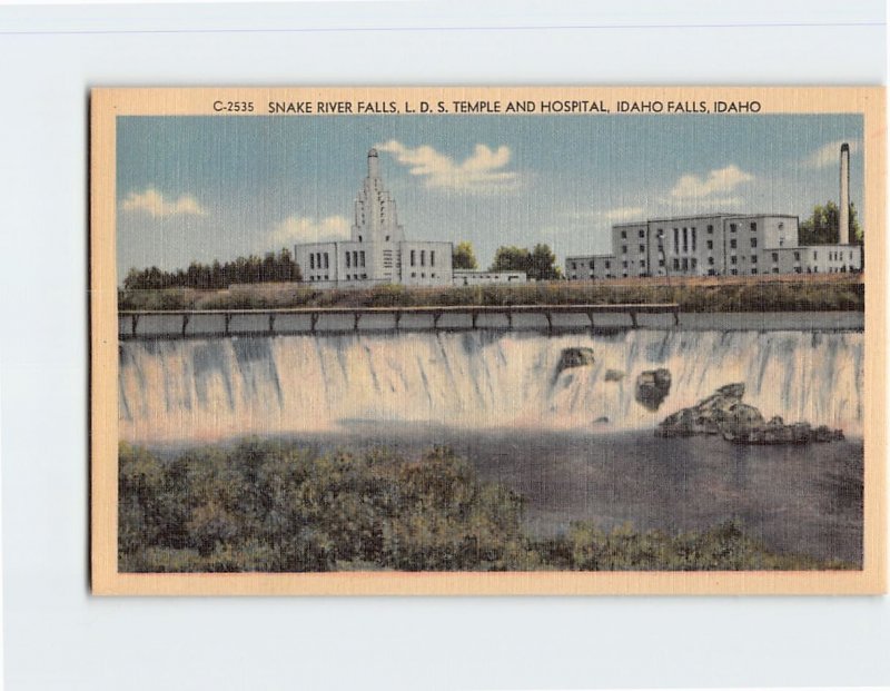 Postcard Snake River Falls, L.D.S. Temple And Hospital, Idaho Falls, Idaho