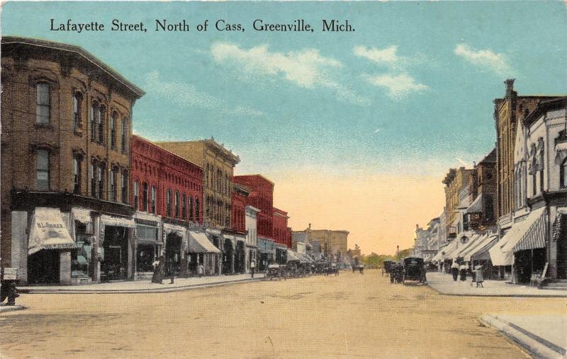 Greenville Michigan~Lafayette Street~People along Storefronts~HL Baker~1916 Pc