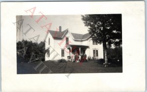 1910s Family Outdoors Portrait House RPPC Real Photo Postcard Lightning Rod A193