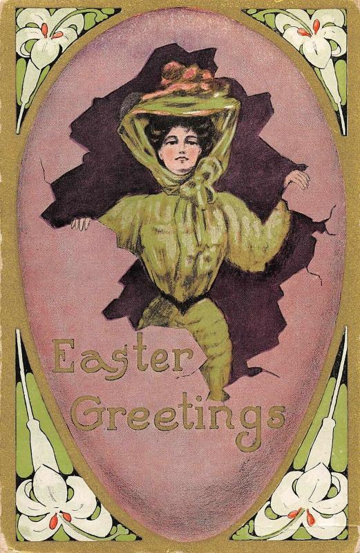 Easter Greetings young woman bonnet flower border antique pc (Z10442)