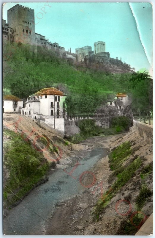 1960 Granada Spain Fort Alhambra Palace RPPC Hand Colored Photo Darro River A150