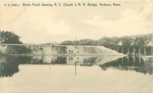Postcard Panoramic View of Bruce Pond Showing RR Bridge Hudson MA Rotograph