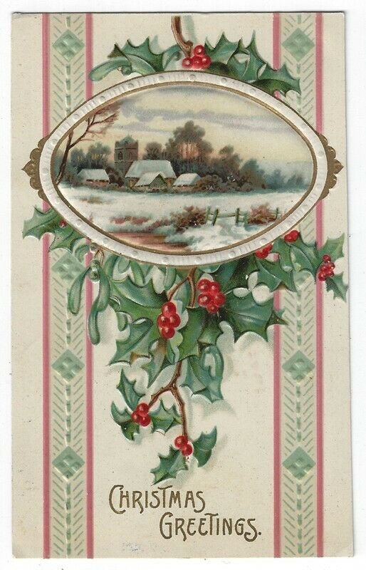 Vintage Christmas Greetings Postcard, A Country Church in Winter, 1909