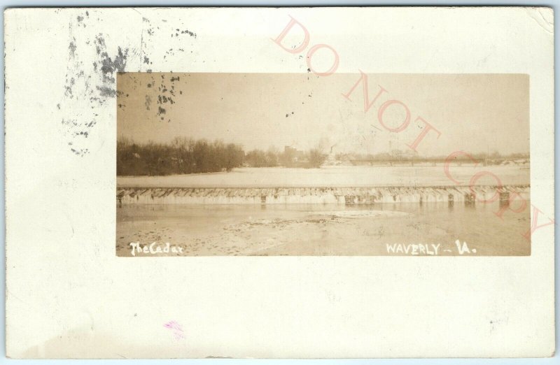 1908 Waverly, IA The Cedar River Dam View Real Photo RPPC Postcard Winter A37