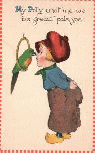 Vintage Postcard Little Girl Ang Her Polly Bird Talking Small Red Squares Border