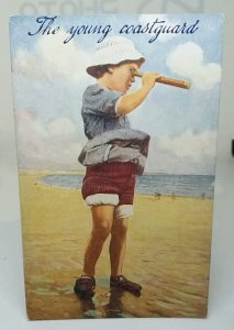 The Young Coastguard Little Boy with Telescope Looking out to Sea Vtg Postcard