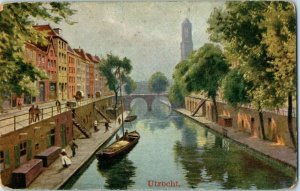 Panoramic View Canal & Footbridge Utrecht Netherlands Vintage Postcard