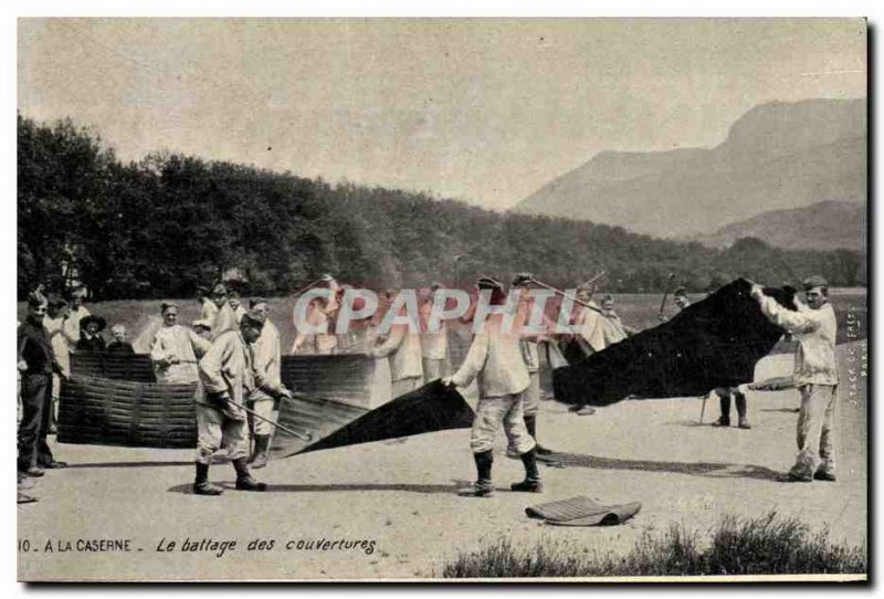 Old Postcard Militaria A Barracks Threshing blankets