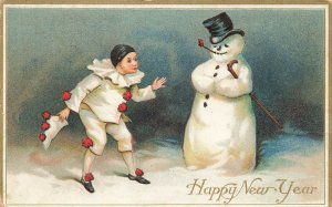 Happy New Year Snowman W/Hat & Cane Jester Postcard