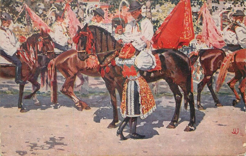 Ethnic Postcard Joza Uprka Ride of Kings painting folk costume men riding