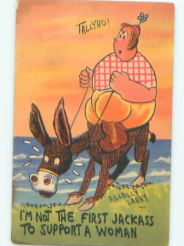 Linen Comic Signed Chubby Fat Woman Sitting On Donkey Ac Topics