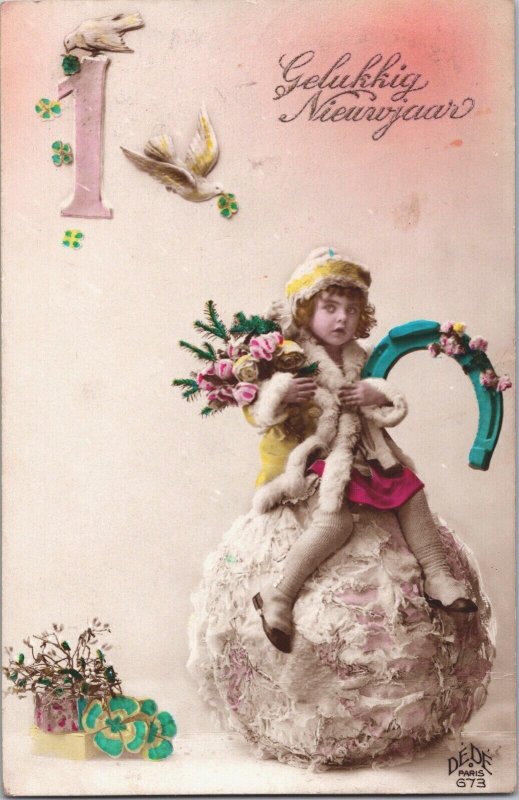 Happy New Year Cute Girl Horseshoe Pigeons Vintage RPPC 09.44 