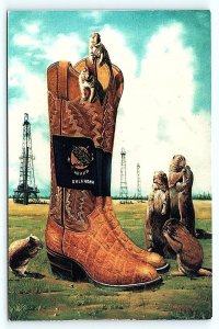 OKLAHOMA, OK ~ Exaggeration COWBOY BOOTS Prairie Dogs Oil Wells ~ 4x6 Postcard