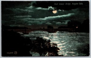 Vtg Niagara Falls New York NY Goat Island Bridge at Night Moonlight Postcard