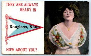 DOUGLASS, KS Kansas ~ Always Ready PENNANT COMIC 1913 Butler County Postcard