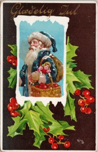 Santa Clause Merry Christmas Blue Coat Glaedelig Jul Danish Doll Postcard G41