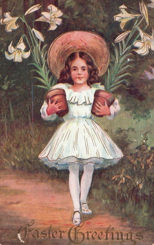Vintage Postcard 1910 Happy Easter Greetings Card Little Girl Holding Plants