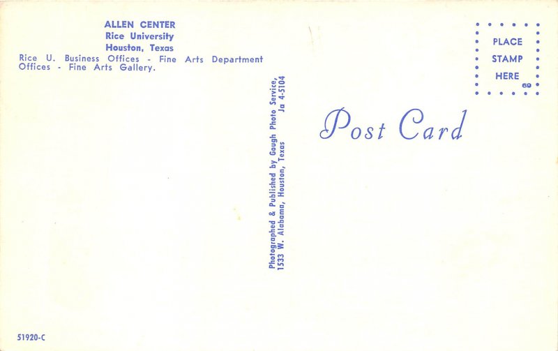 Houston Texas 1960s Postcard Allen Center Rice University 