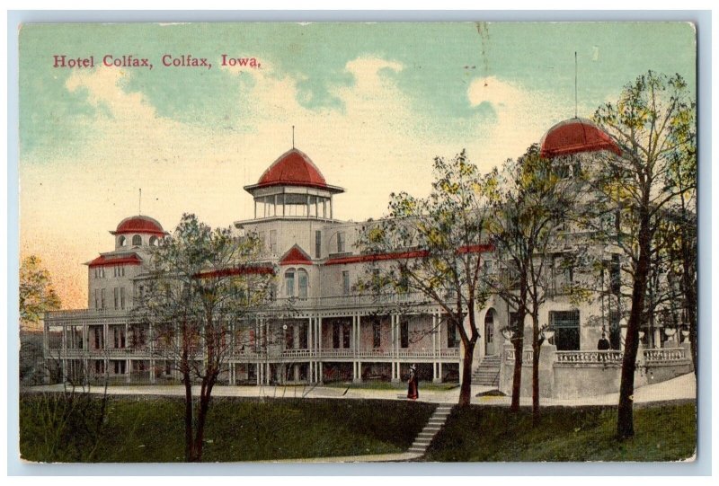 Colfax Iowa IA Postcard Hotel Colfax Building Exterior Trees Scene 1920 Antique