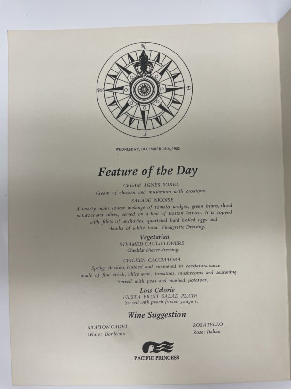 Princess Cruises, Pacific Princess Lunch Service Menu (December 15 1982)
