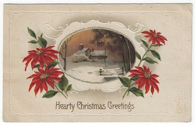 Vintage Christmas Greetings Postcard, Wooden Bridge Near Church in Winter, 1913