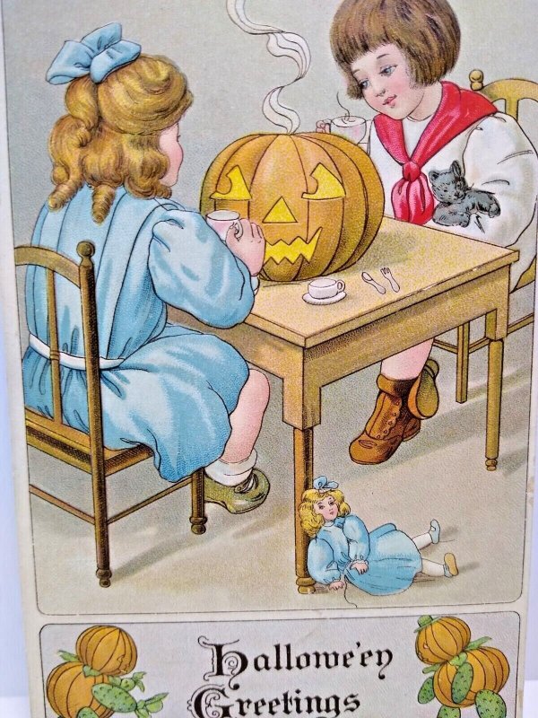 Halloween Postcard Anthropomorphic Gobins Children Tea Party Toys BW Series 374