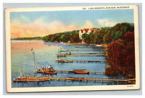 Vintage 1940's Postcard Lake Mendota Piers and Boats Madison Wisconsin