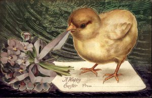 EASTER FANTASY Chick Ties Ribbon on Letter EMBOSSED c1910 Postcard