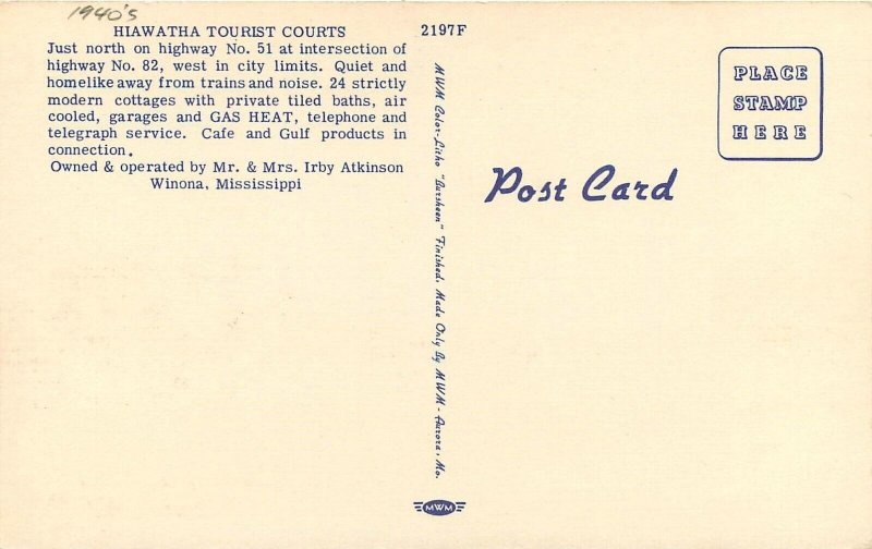 Postcard Mississippi Winona Hiawatha Tourist Courts MWM linen 23-7112