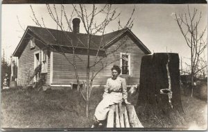 Portrait of Woman House Home Huge Tree Stumps Logs Real Photo Postcard E90