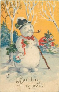 Pipe smoker snowman New Year greetings caricature postcard