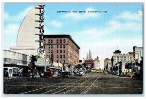 c1940's Broadway Downtown Buildings Hotels Railway San Diego California Postcard