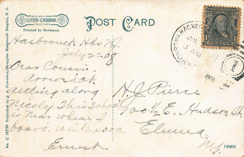 Franklin School, Hasbrouck Heights, New Jersey, Early Postcard, Used in 1908